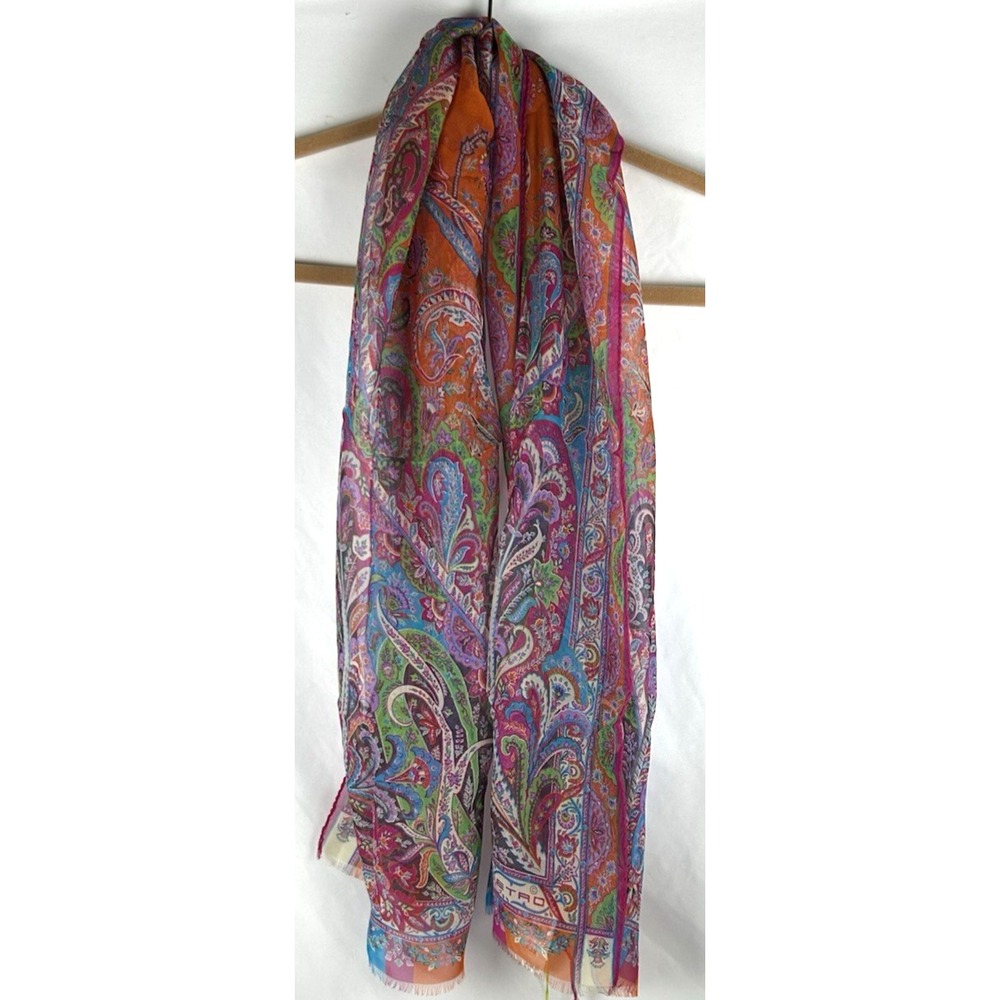 NWT ETRO Milano 100% Silk Bright Paisley Sheer Rectangle Scarf Fringe Pink